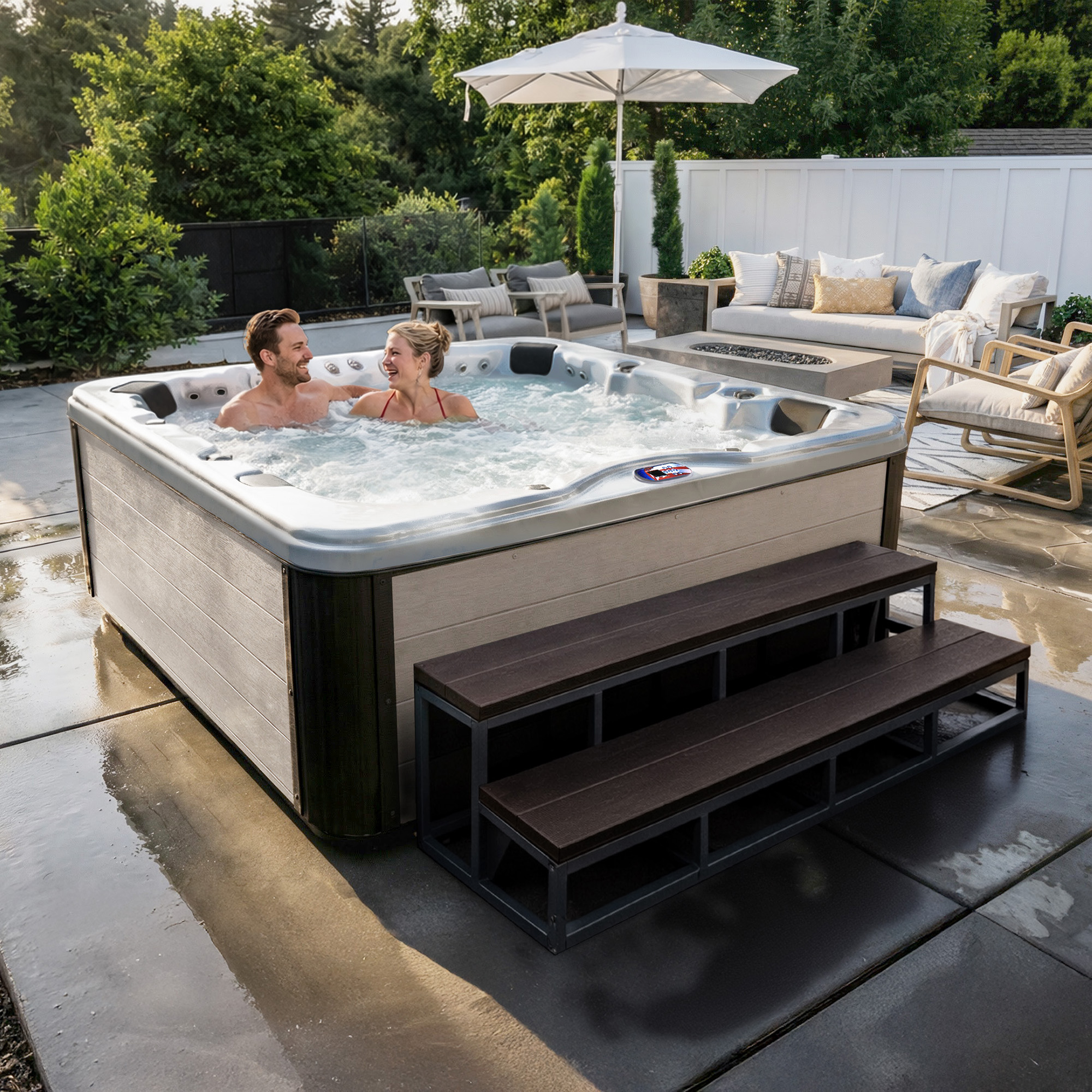 7-Person 72-Jet Premium Acrylic Bench Spa Standard Hot Tub with Bluetooth Sound System and LED Waterfall